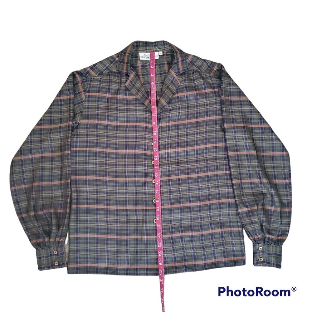 Albert Lewis For Tudor Square Vintage-Retro Green Plaid Long Sleeve Shirt Size 8 - Picture 11 of 12